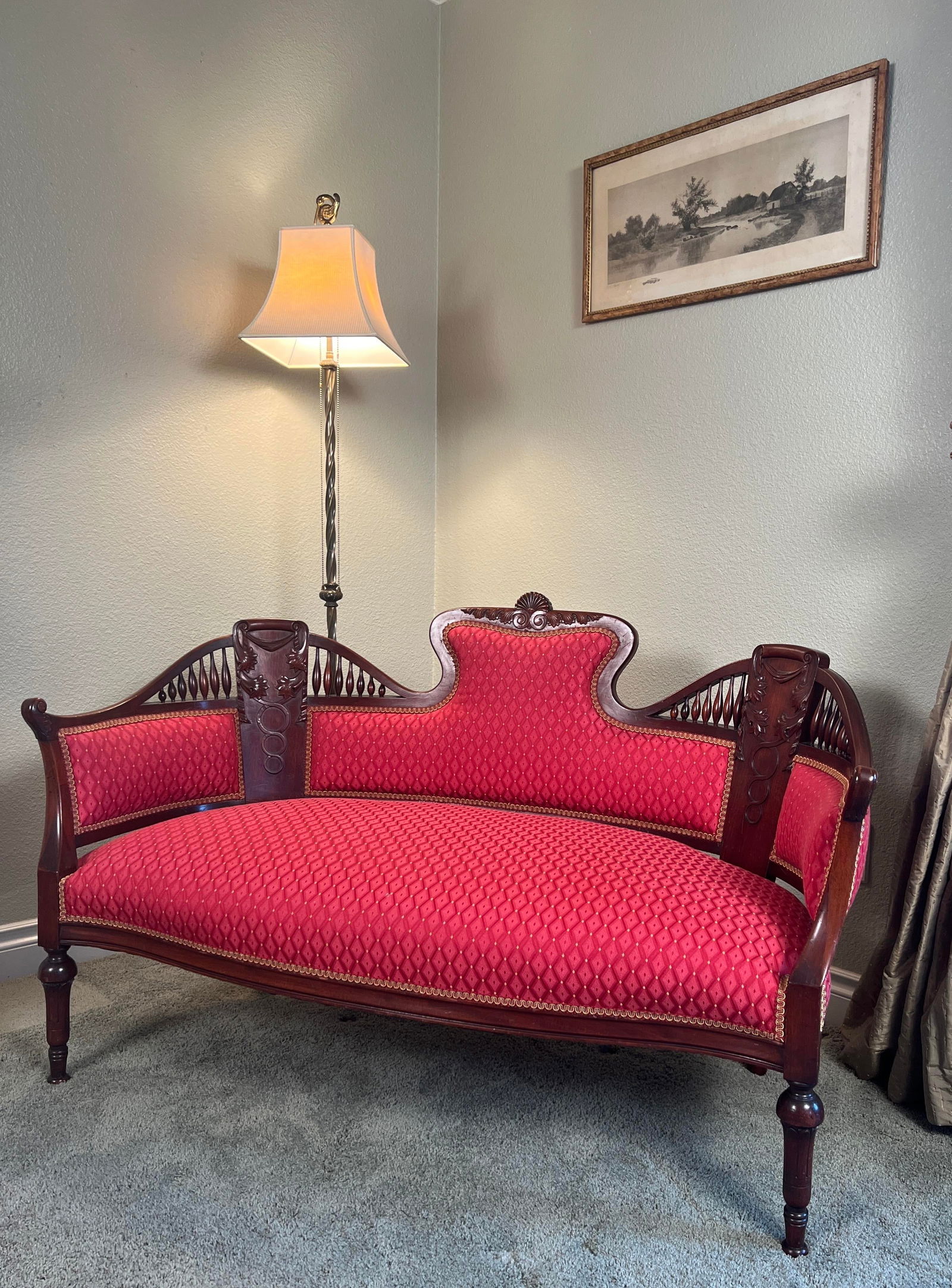 Edwardian Neoclassical Mahogany Parlor Settee, Circa 1900, Professionally Upholstered - 2