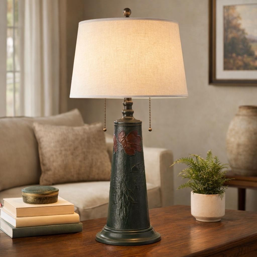 Mid-20th Century Arts & Crafts Style Verdigris Floral Cast Metal Table Lamp - 2