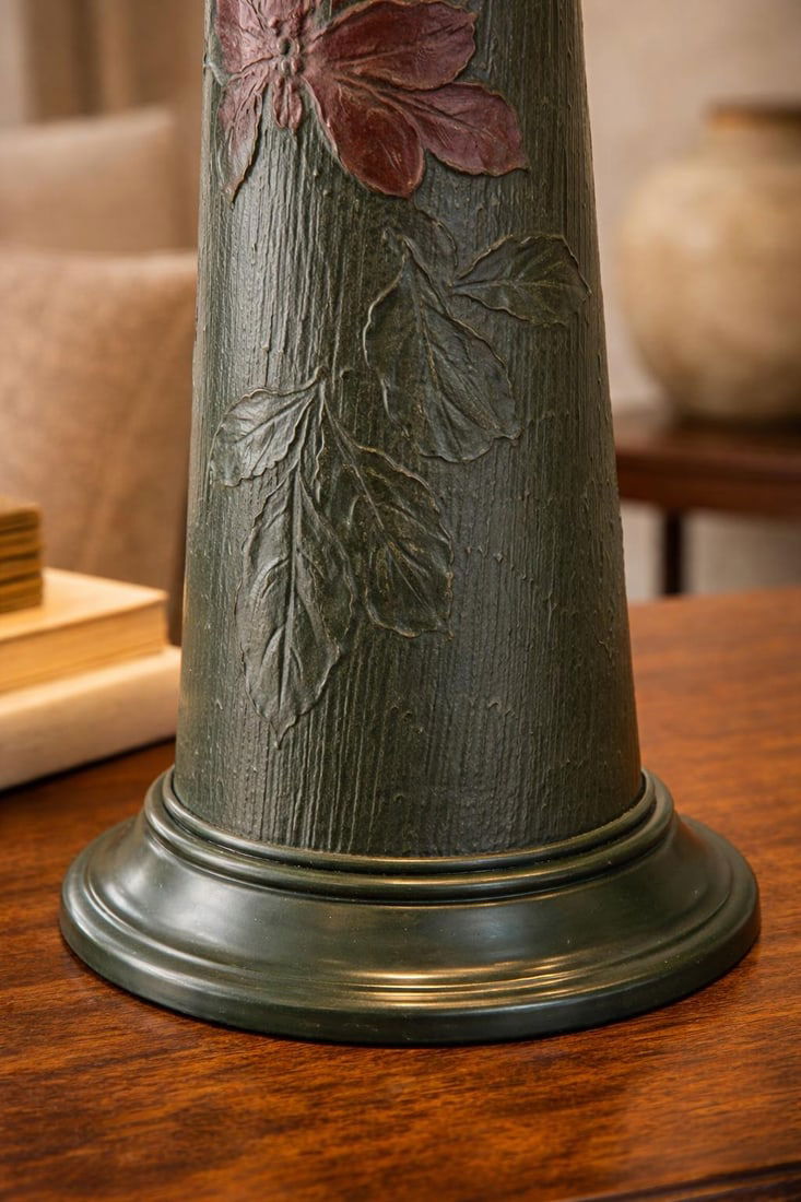 Mid-20th Century Arts & Crafts Style Verdigris Floral Cast Metal Table Lamp - 4