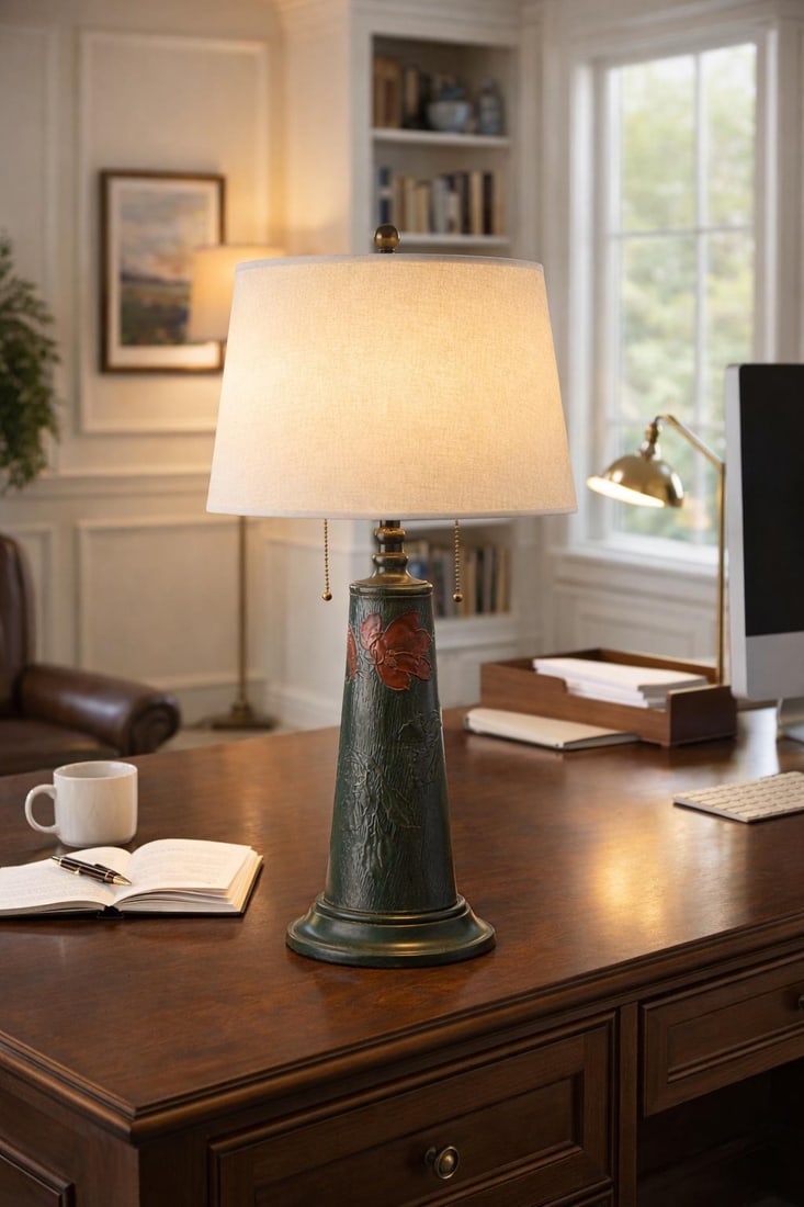 Mid-20th Century Arts & Crafts Style Verdigris Floral Cast Metal Table Lamp - 7