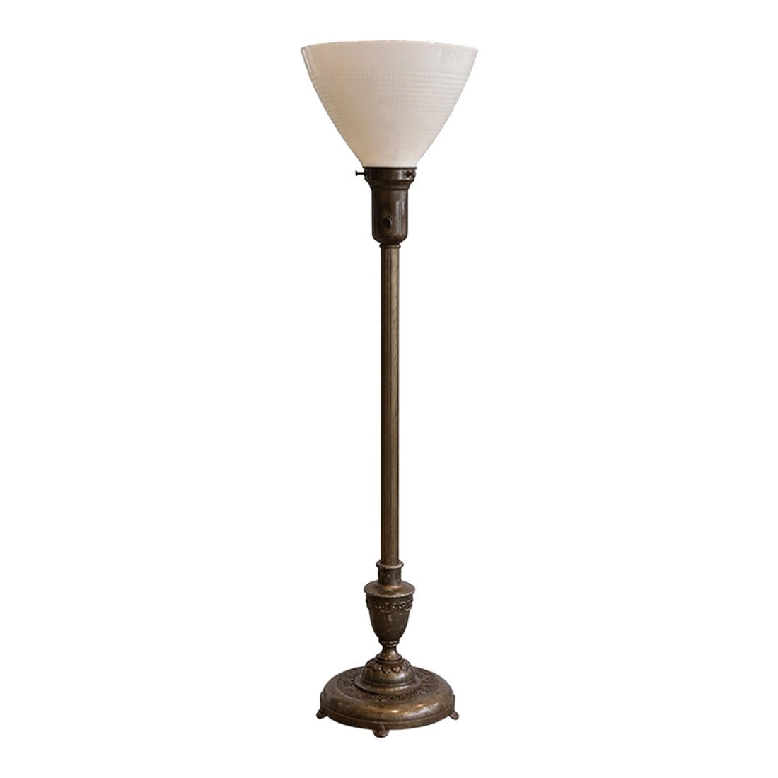 Early 20th Century Mitchell M117 Art Deco Torchiere Table Lamp – 17.5": An early 20th century Mitchell Manufacturing Co. Model M117 torchiere table lamp featuring a richly patinated metal base and its original frosted, hobnail-textured glass shade. Sourced from the Estate