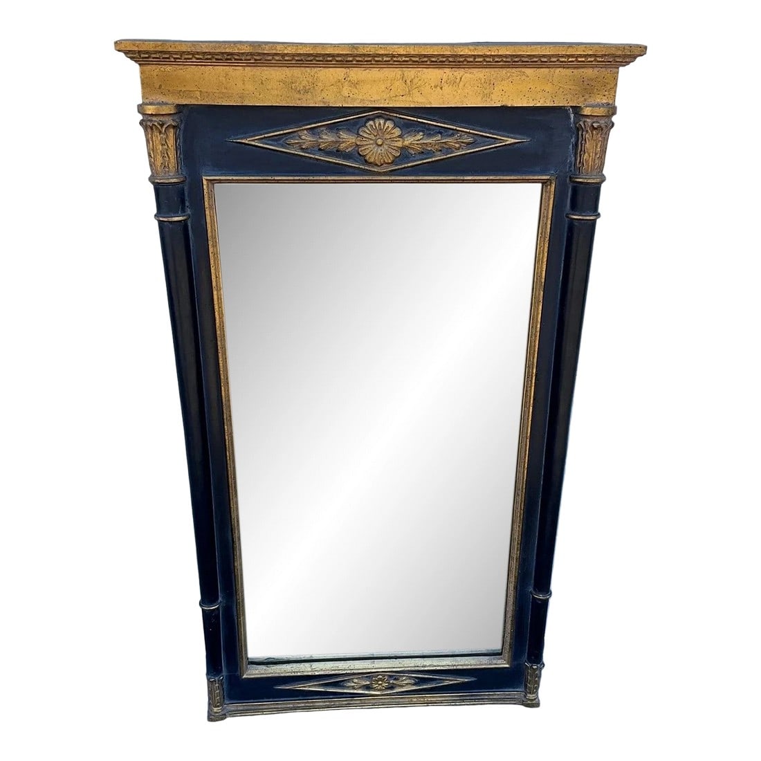 Large Vintage Neoclassical-Style Trumeau Wall Mirror: Large Vintage Neoclassical-style trumeau wall mirror features a black ebonized finish with gilded wood accents and a classical panel decoration at the top. Notes: In overall good used condition. Dimen