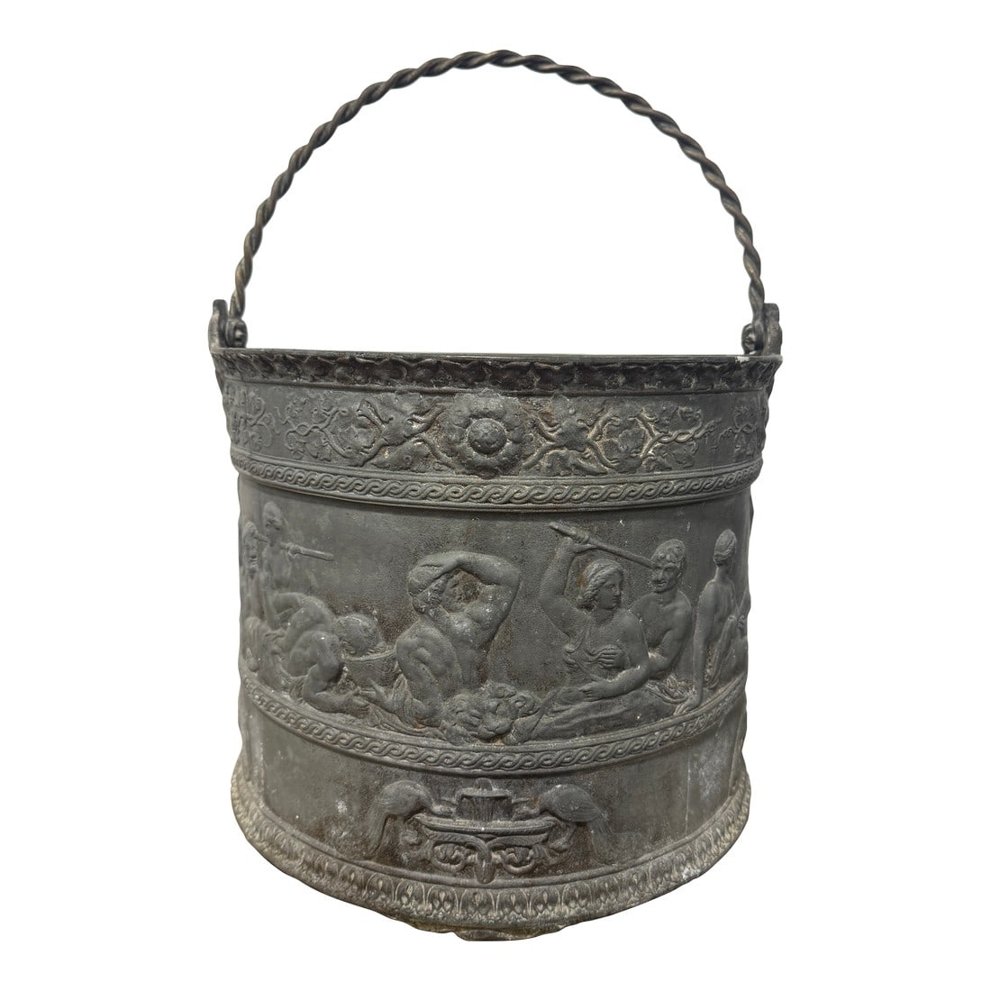 Georgian or French Neoclassical Cast Lead Bacchanal Cachepot, 19th Century: Cast in a dense, lead (or lead-alloy) metal with a naturally oxidized slate-gray surface, this substantial cylindrical cachepot is conceived in the Neoclassical taste, its decoration organized as a co