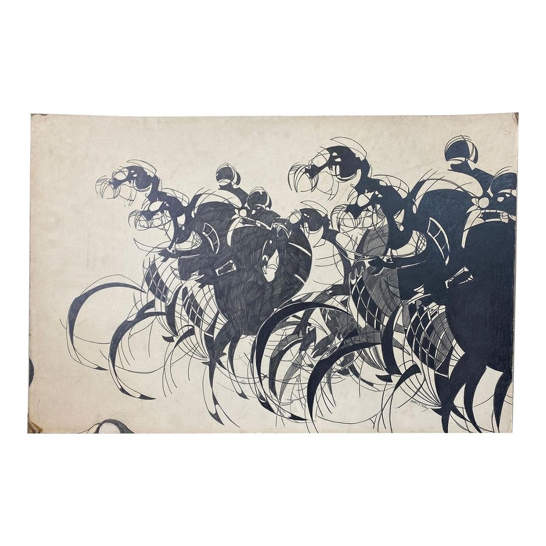 1990s Horse Race, Pen and Ink on Board, Signed Alton S Tobey: 20 X 30 Original Pen And Ink: Horse Race, On Board Signed Alton S Tobey. This Equine Ensemble is a true curvilinear piece for the discerning Equestrian. Alton Stanley Tobey (1914-2005) was an American