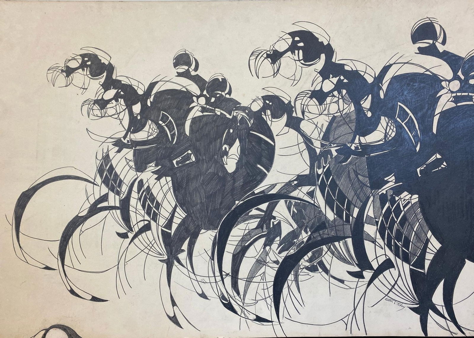 1990s Horse Race, Pen and Ink on Board, Signed Alton S Tobey - 2