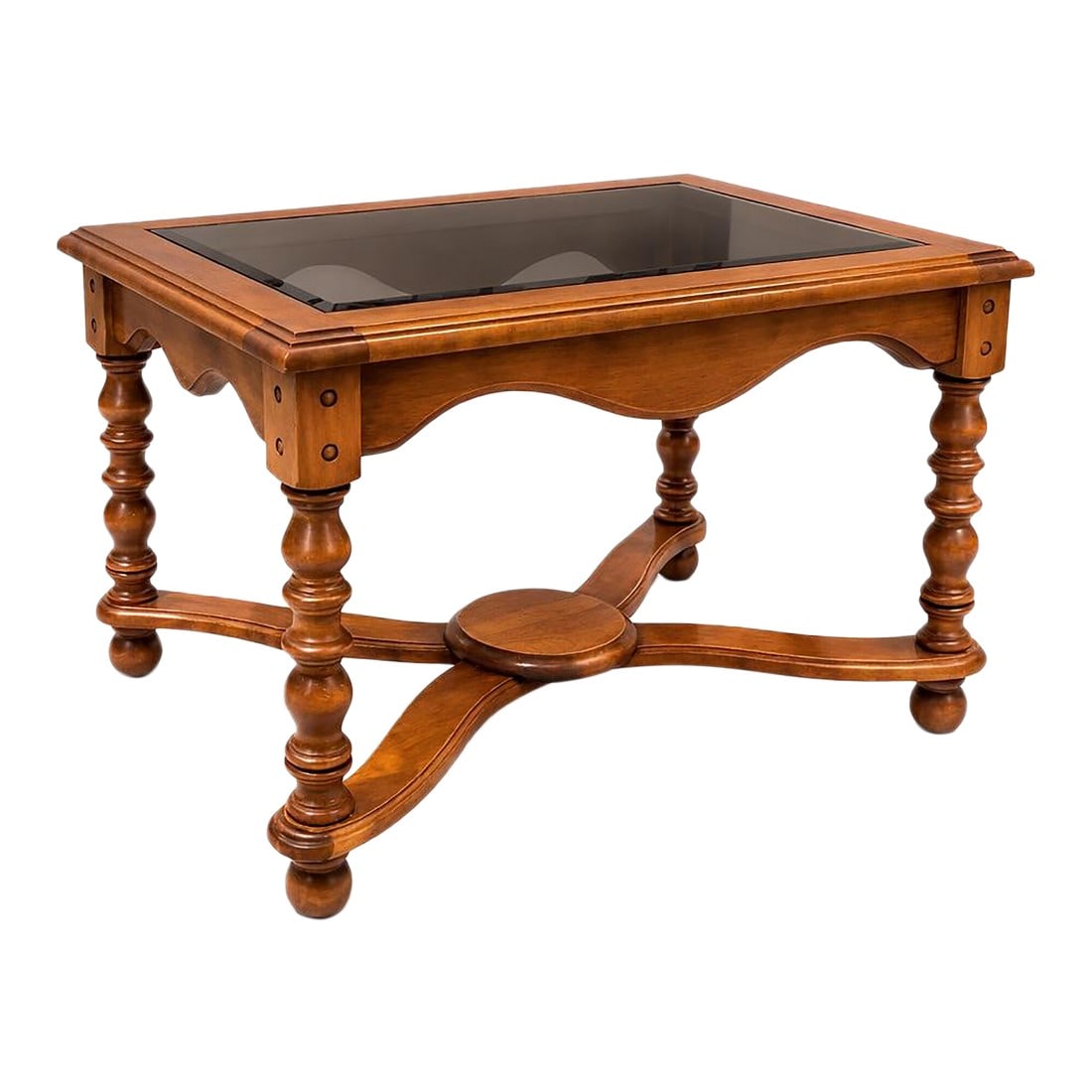 Late 20th Century Spanish Revival Style Smoked Glass Top Accent Table With X-Stretcher Base: Warm Spanish Revival style accent table featuring an original smoked beveled glass inset, turned legs, and sculptural X-stretcher base. Architectural presence in a versatile 28" footprint. â¸