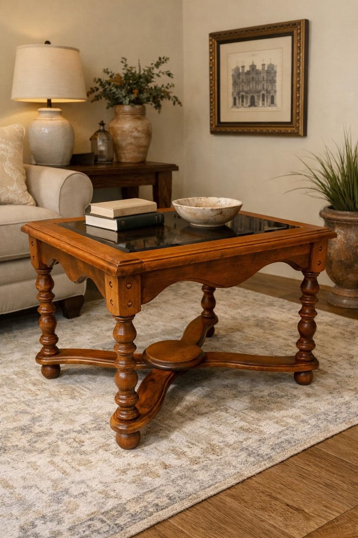 Late 20th Century Spanish Revival Style Smoked Glass Top Accent Table With X-Stretcher Base - 2