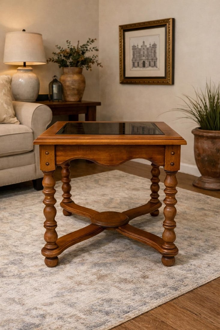 Late 20th Century Spanish Revival Style Smoked Glass Top Accent Table With X-Stretcher Base - 7