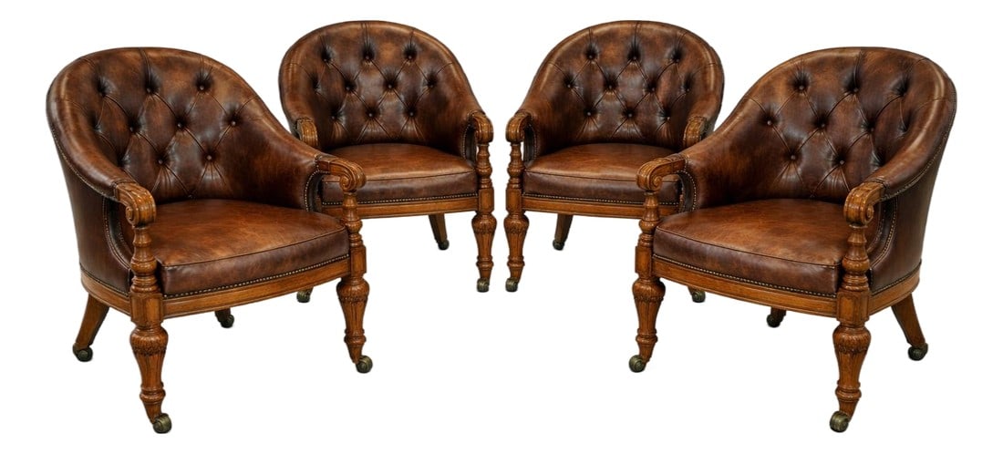 Set of 4 Late 20th Century English Regency Revival Tufted Leather Library Club Chairs With Carved Wo: Set of four English Regency Revival tufted leather library chairs with carved hardwood arms and original casters. Rich brown leather with beautiful natural patina and deep diamond tufting. Substantial