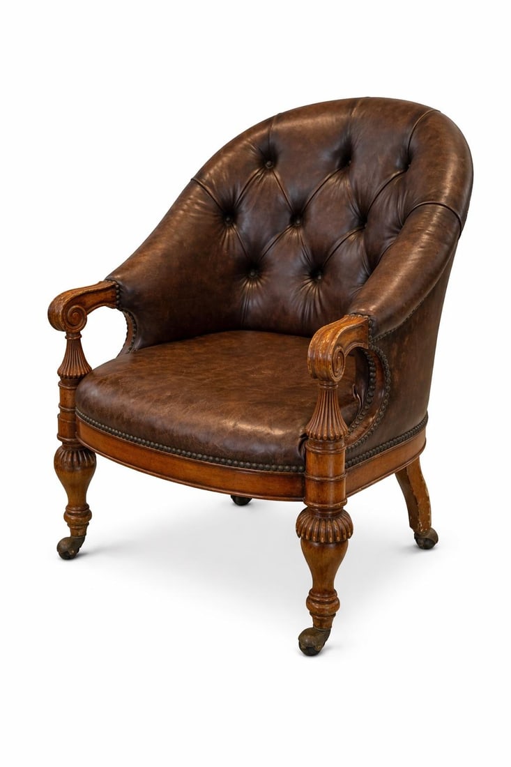 Set of 4 Late 20th Century English Regency Revival Tufted Leather Library Club Chairs With Carved Wo - 2