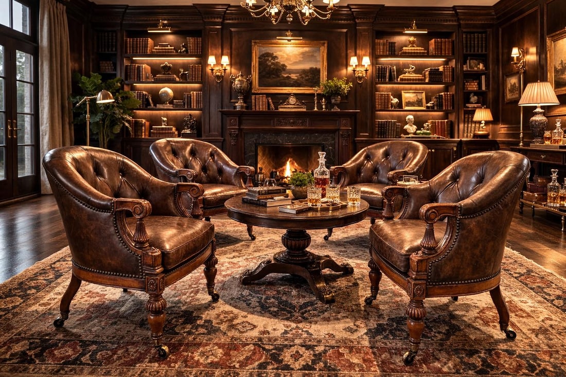 Set of 4 Late 20th Century English Regency Revival Tufted Leather Library Club Chairs With Carved Wo - 3