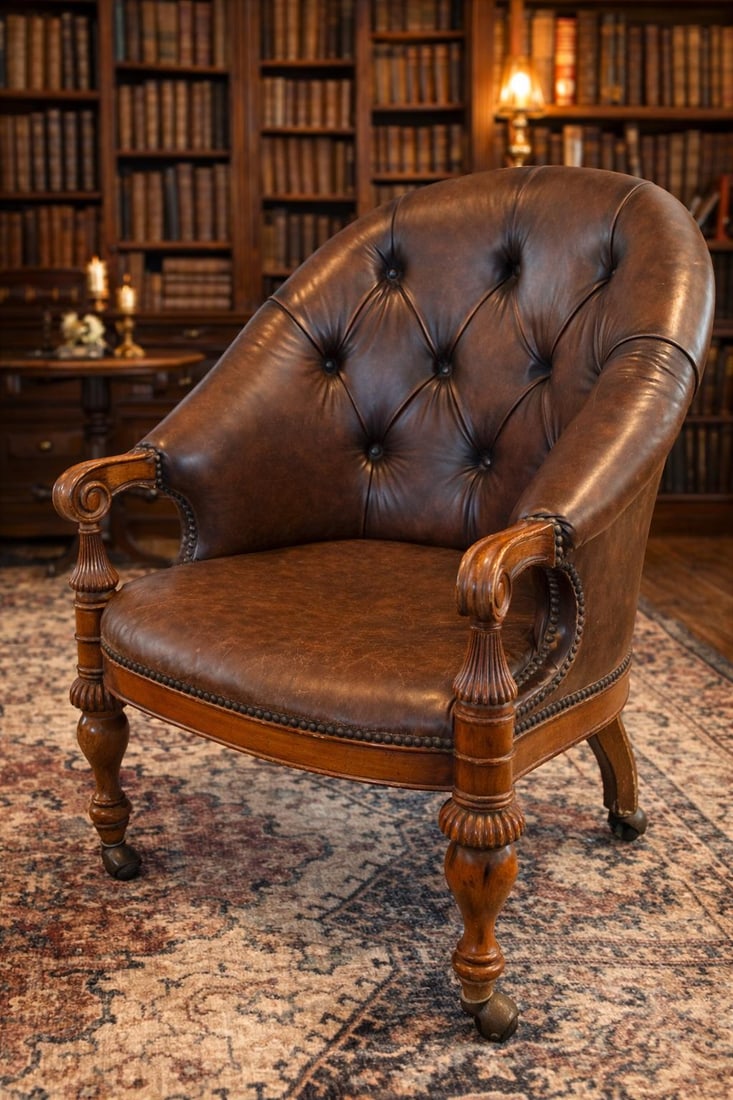 Set of 4 Late 20th Century English Regency Revival Tufted Leather Library Club Chairs With Carved Wo - 4