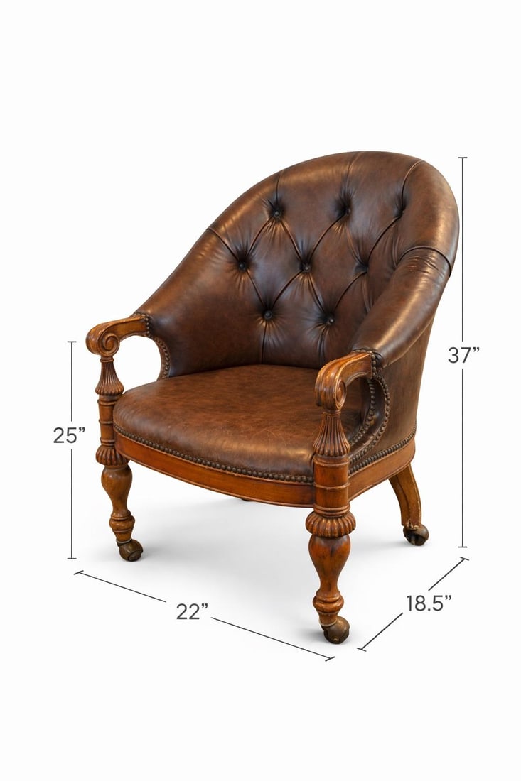 Set of 4 Late 20th Century English Regency Revival Tufted Leather Library Club Chairs With Carved Wo - 5