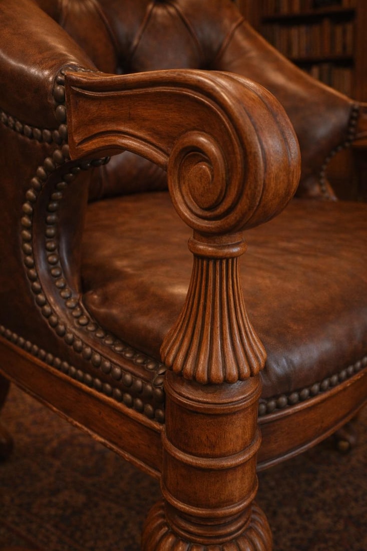 Set of 4 Late 20th Century English Regency Revival Tufted Leather Library Club Chairs With Carved Wo - 6