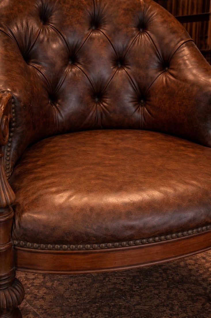 Set of 4 Late 20th Century English Regency Revival Tufted Leather Library Club Chairs With Carved Wo - 8