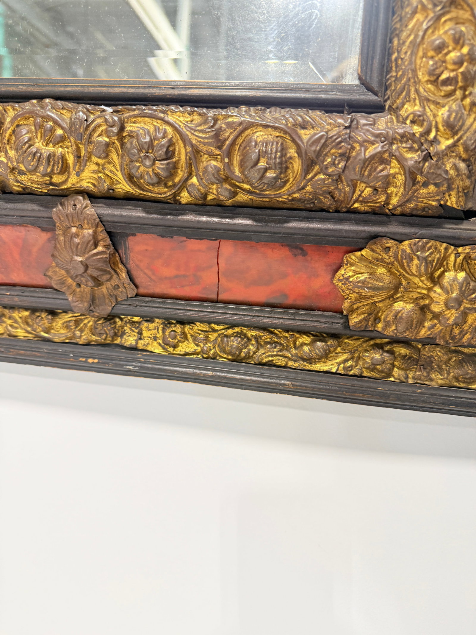 Napoleon III Period, Embossed Brass and Faux Tortoiseshell Ebonized Mirror - 12