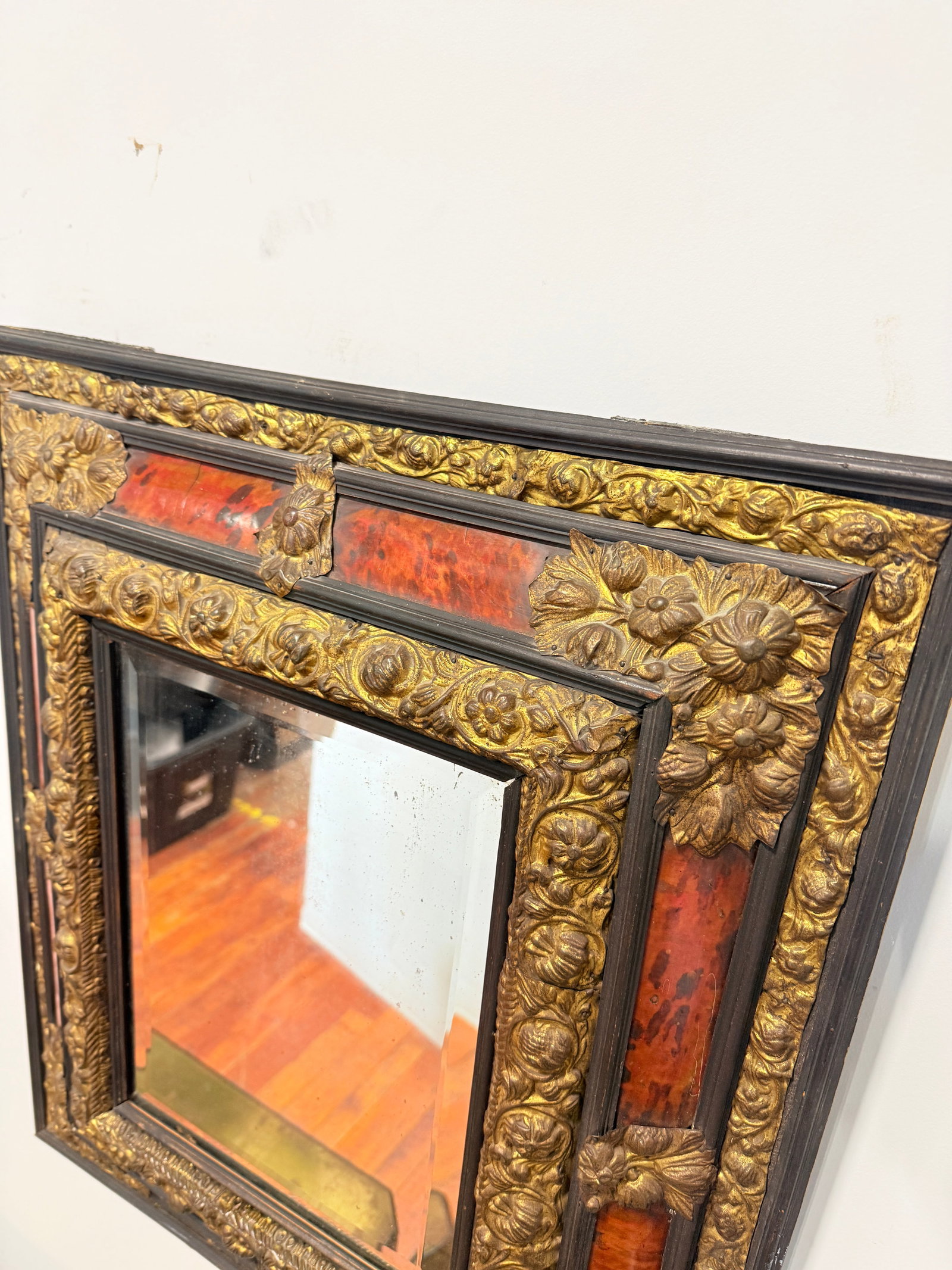 Napoleon III Period, Embossed Brass and Faux Tortoiseshell Ebonized Mirror - 5