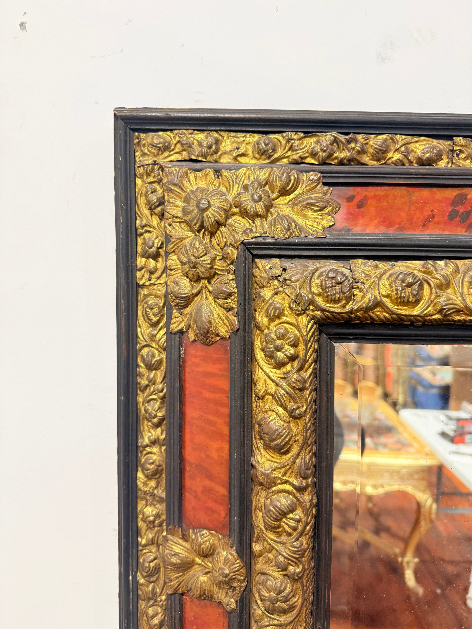 Napoleon III Period, Embossed Brass and Faux Tortoiseshell Ebonized Mirror - 6