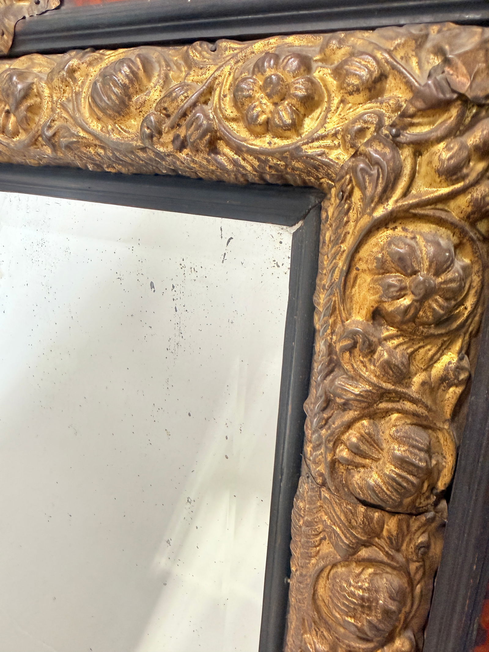 Napoleon III Period, Embossed Brass and Faux Tortoiseshell Ebonized Mirror - 7