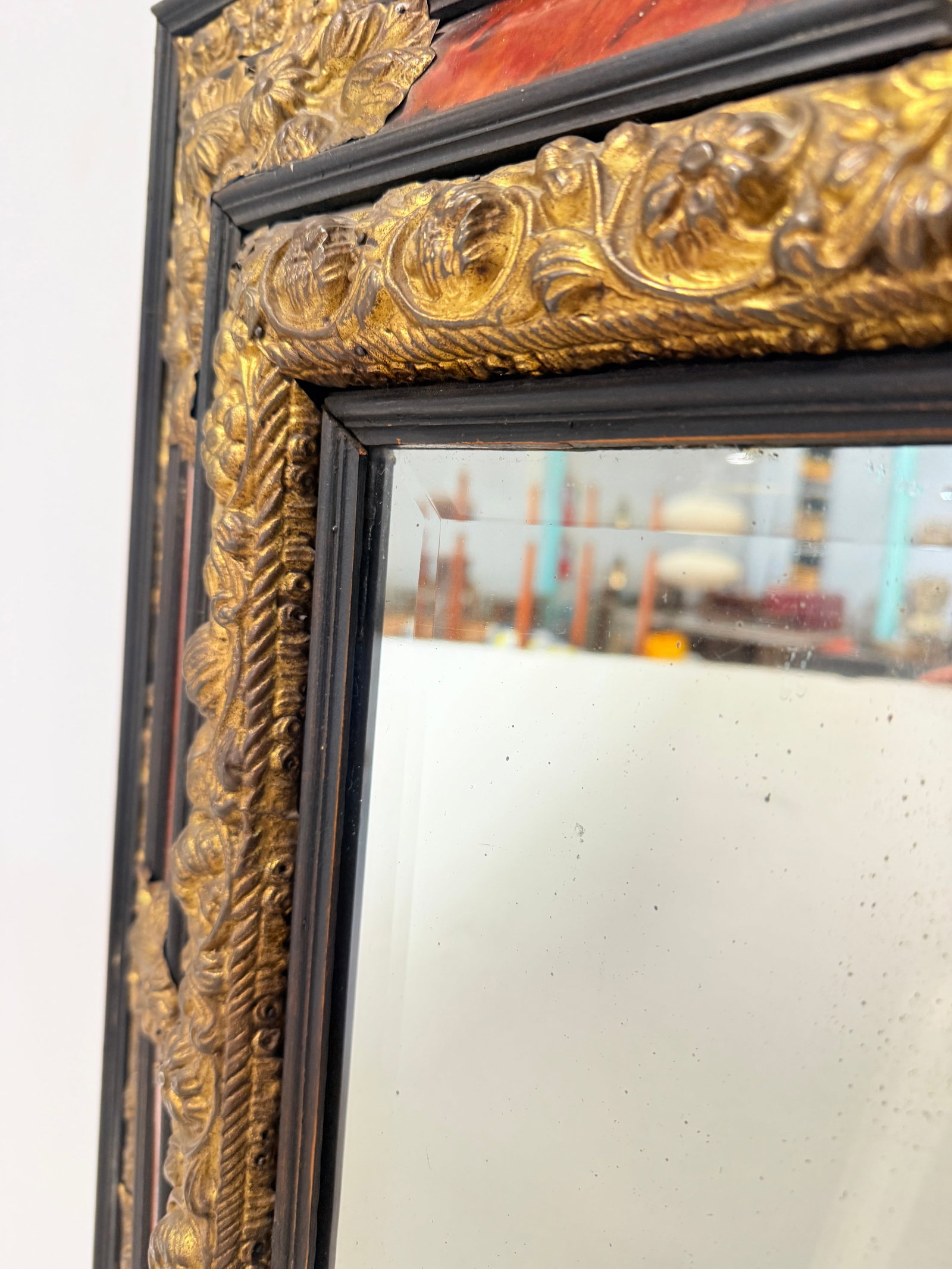 Napoleon III Period, Embossed Brass and Faux Tortoiseshell Ebonized Mirror - 9