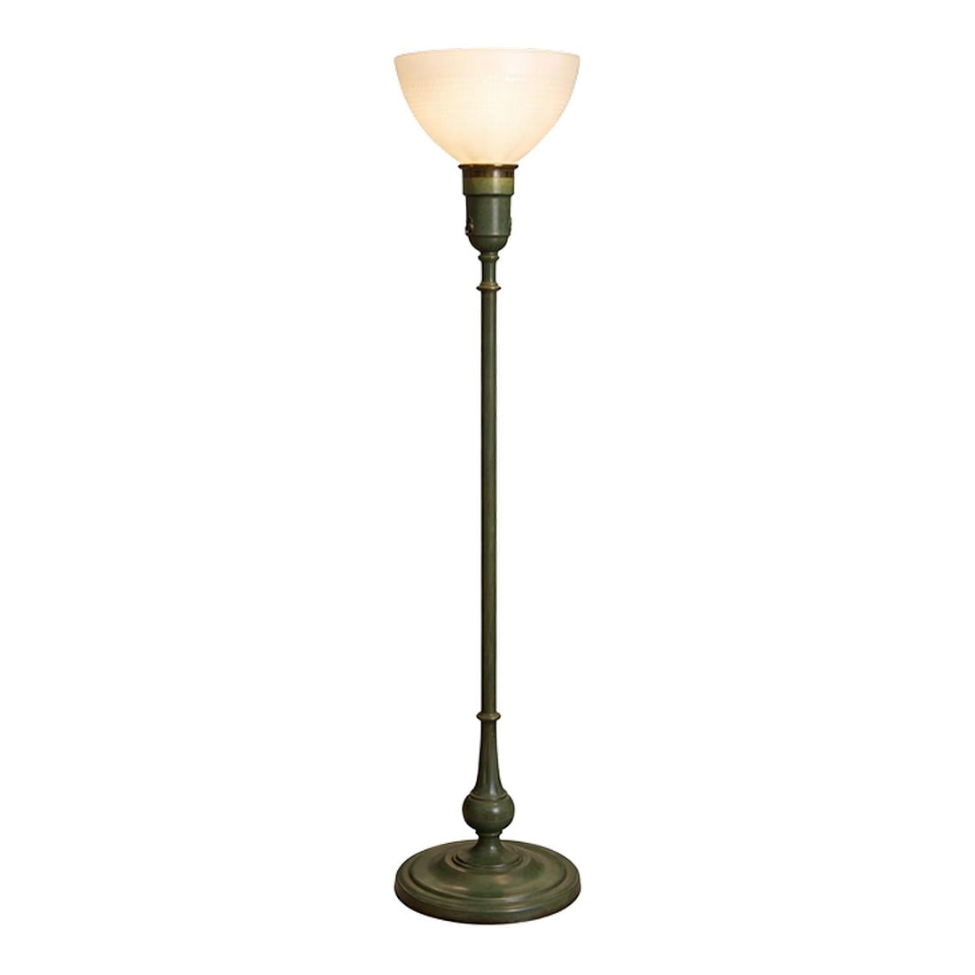 Vintage Rembrandt Lamps Verdigris Green Torchiere Floor Lamp With Original Textured Milk Glass Shade: Authentic Rembrandt torchiere floor lamp featuring original verdigris green patina and textured milk glass shade. Heavy cast base, 57" tall, three-way switch. â¸» Full Description A str