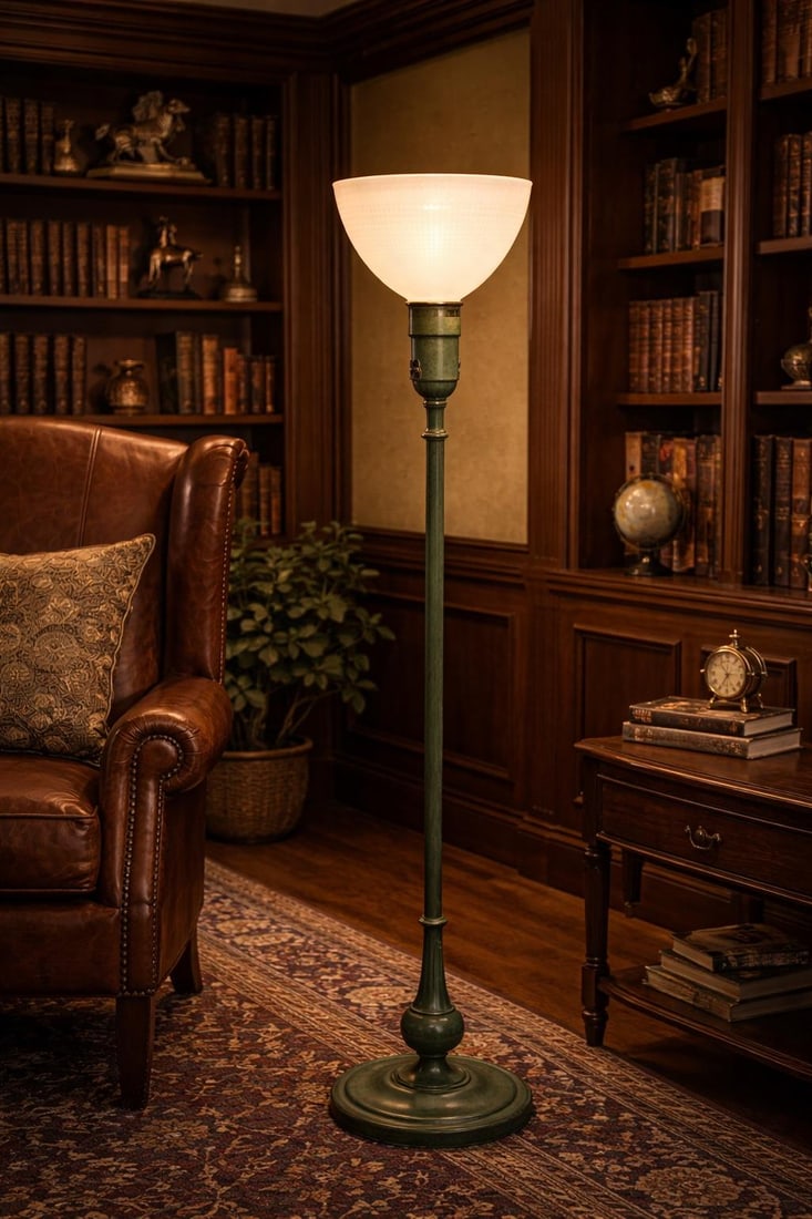 Vintage Rembrandt Lamps Verdigris Green Torchiere Floor Lamp With Original Textured Milk Glass Shade - 2