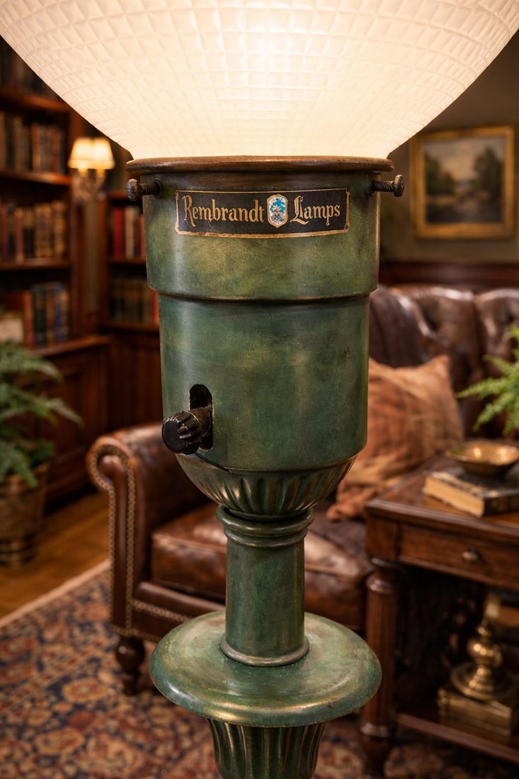 Vintage Rembrandt Lamps Verdigris Green Torchiere Floor Lamp With Original Textured Milk Glass Shade - 3