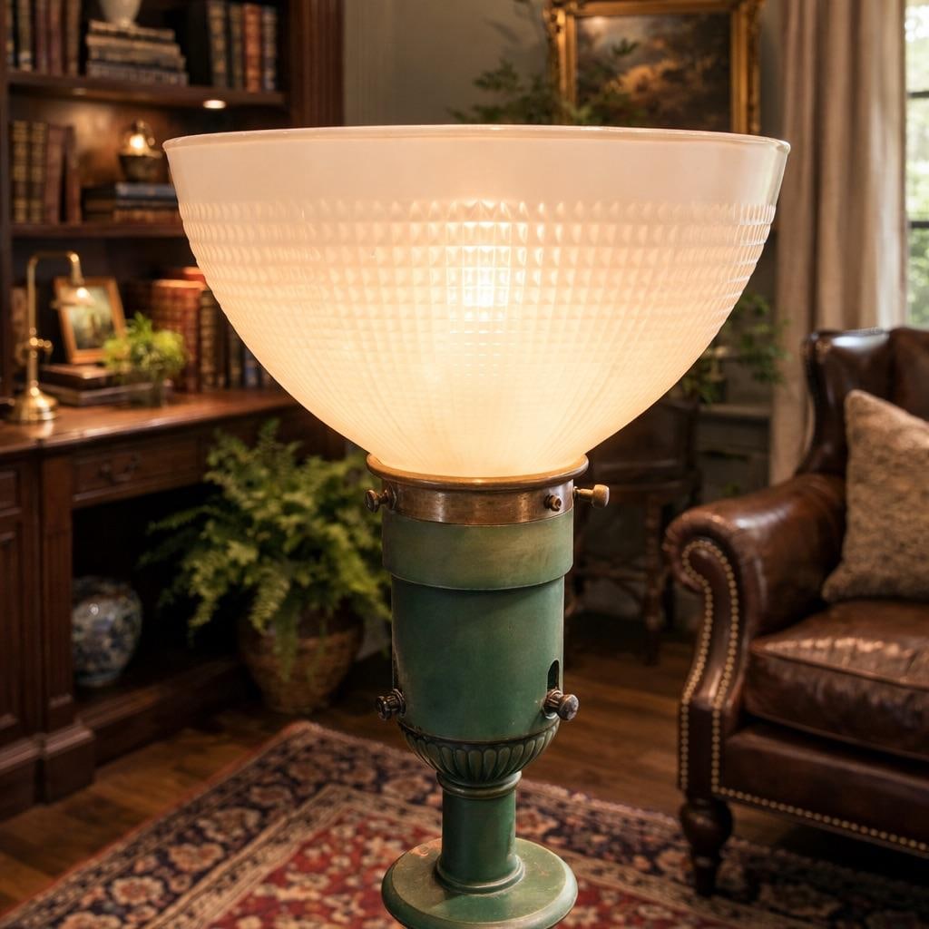 Vintage Rembrandt Lamps Verdigris Green Torchiere Floor Lamp With Original Textured Milk Glass Shade - 6