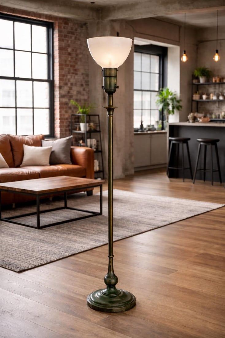 Vintage Rembrandt Lamps Verdigris Green Torchiere Floor Lamp With Original Textured Milk Glass Shade - 8