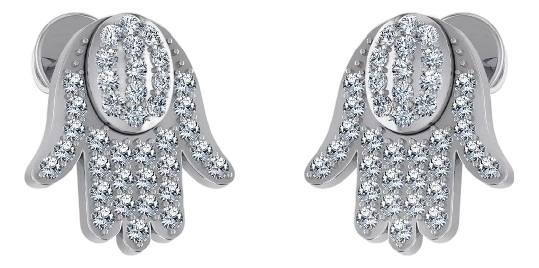 14K White Gold Round Baguette Diamond Hamza Hand Religious Stud Earrings 1/5 Cttw, A Pair: This 14K White Gold Round Baguette Diamond Hamza Hand Religious Stud Earrings 1/5 Cttw is a refined diamond ring crafted in premium white gold and set with round brilliant diamonds. Designed for