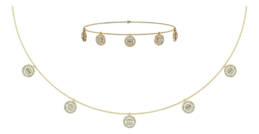 14K Yellow Gold Baguette Round Necklace Bracelet Set 1 Cttw: This 14K Yellow Gold Baguette Round Necklace Bracelet Set 1 Cttw is a refined diamond bracelet crafted in premium 14K gold and set with natural diamonds. Designed for stacking, gifting, or refined