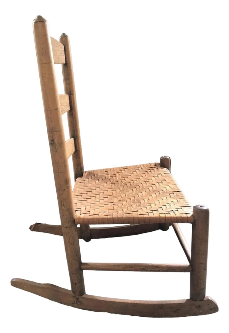 Antique Child Ladder Back Chairs With Splint Weaver Seats , a Rocker and a Chair: Antique children's ladder back handwoven splint weave seat. In pristine condition. Late 19th or 20th century. Safe and sturdy. Great for a child's room or next to the fireplace. Rocking Chair: 29.5" H