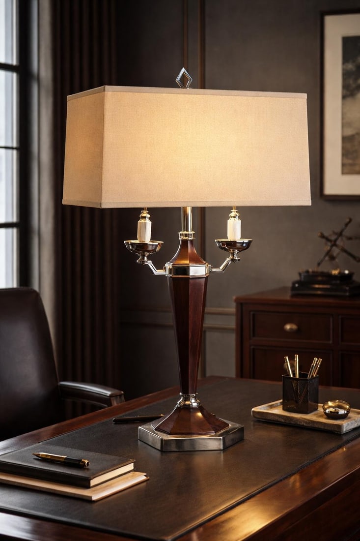 Late 20th Century Art Deco Revival Walnut & Chrome Table Lamp With Original Rectangular Shade and Di - 2
