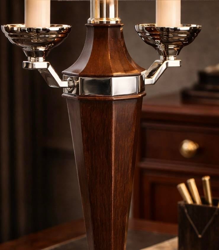 Late 20th Century Art Deco Revival Walnut & Chrome Table Lamp With Original Rectangular Shade and Di - 3
