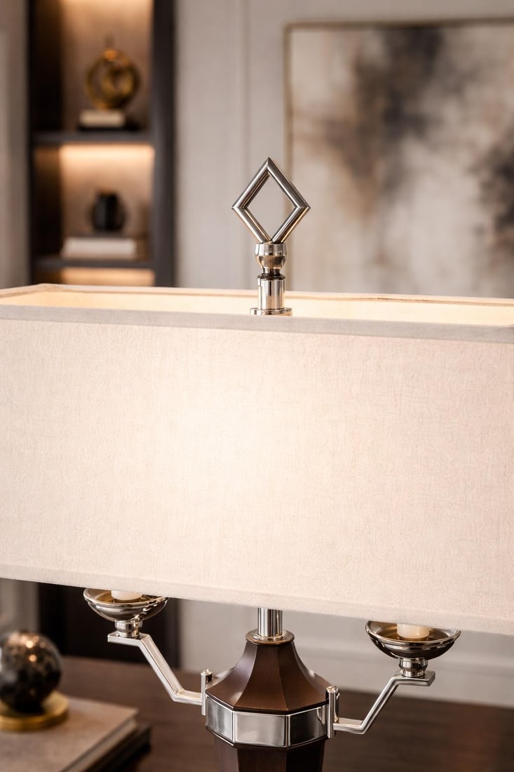 Late 20th Century Art Deco Revival Walnut & Chrome Table Lamp With Original Rectangular Shade and Di - 6