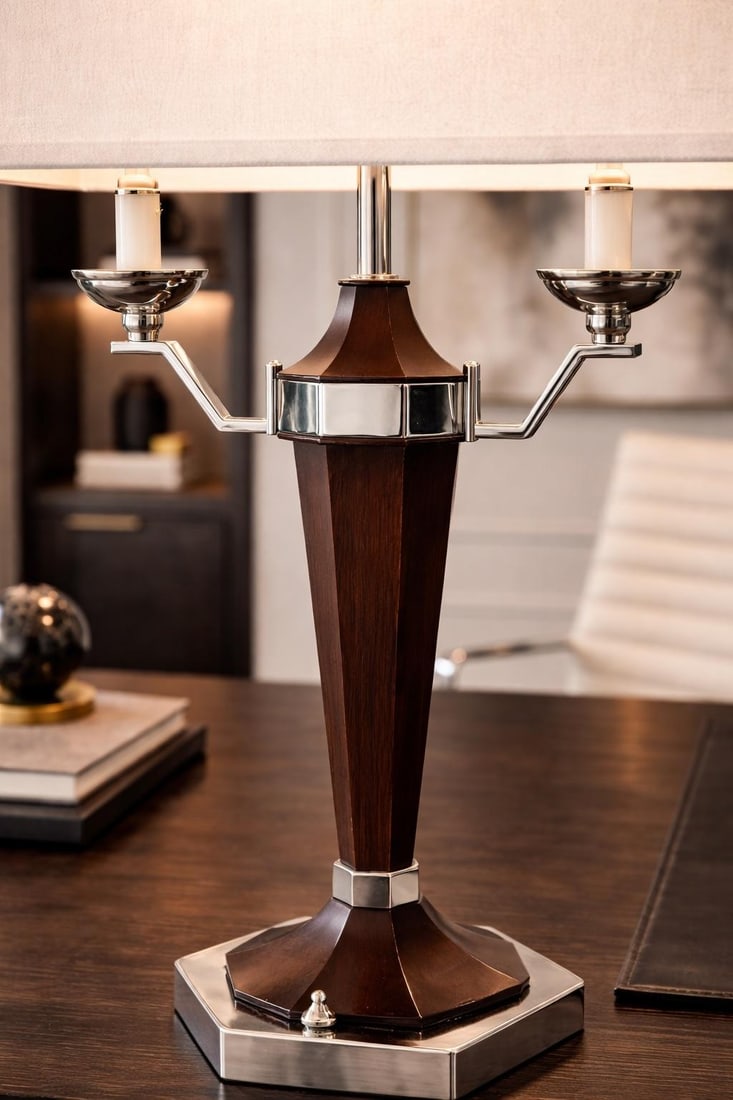 Late 20th Century Art Deco Revival Walnut & Chrome Table Lamp With Original Rectangular Shade and Di - 7