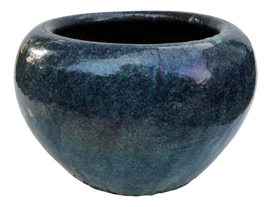 Antique Cobalt Blue Stoneware Water Vessel Planter: A magnificent piece of history from the "Silk Road". This work of art was used by travelers throughout Asia in the 1800s. In wonderful antique condition with no breaks, chips, or repairs. Glazing is a