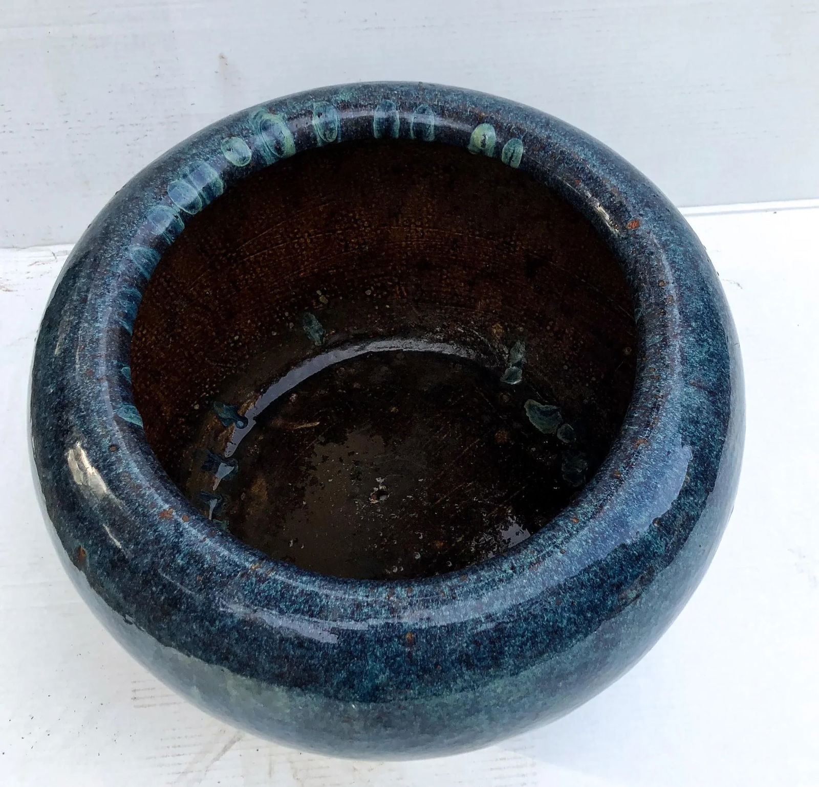 Antique Cobalt Blue Stoneware Water Vessel Planter - 2