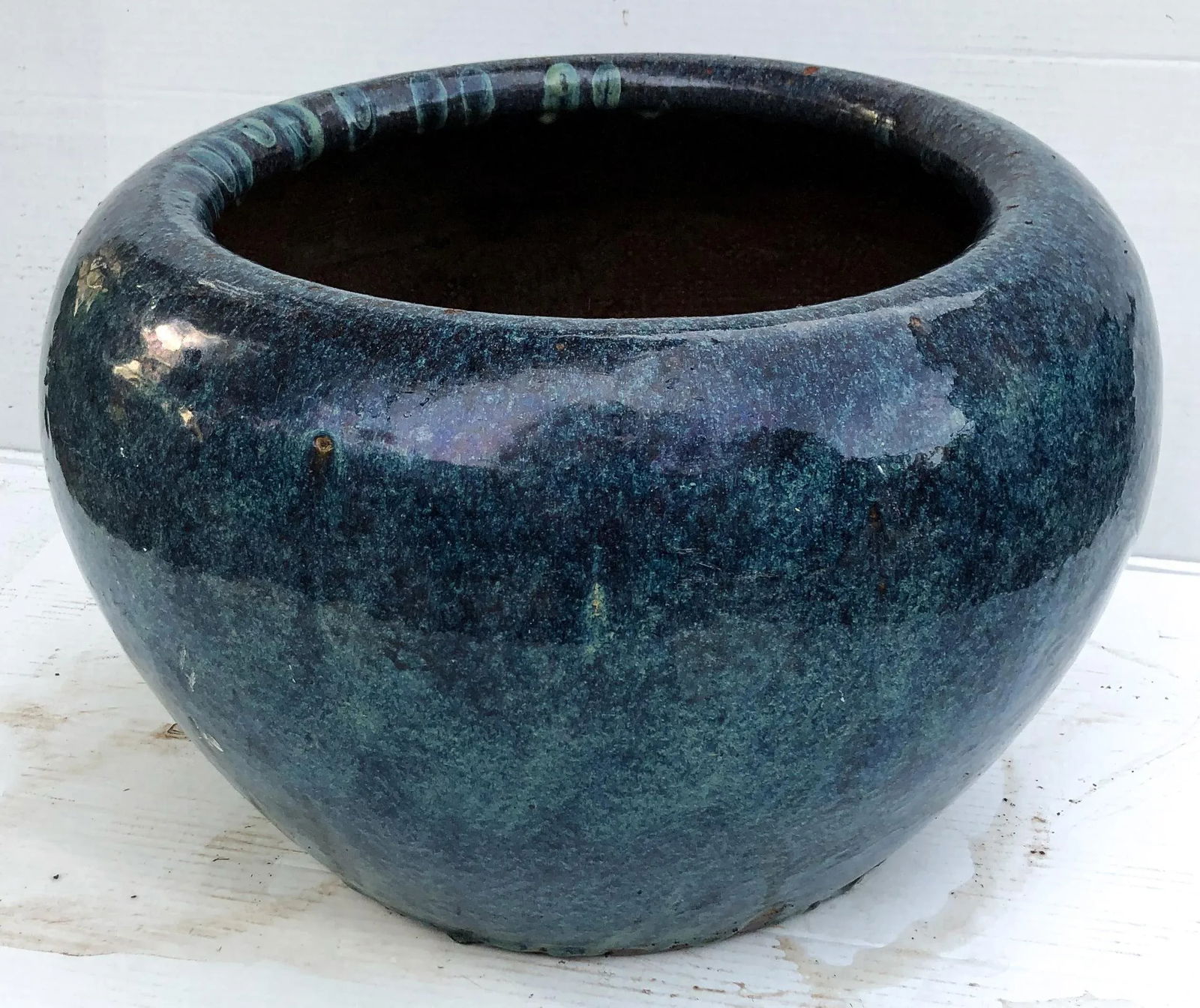 Antique Cobalt Blue Stoneware Water Vessel Planter - 7