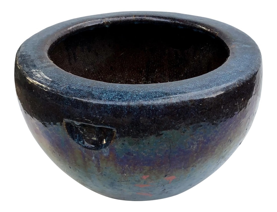 Antique Cobalt Blue Glazed Water Jar Planter: Magnificent piece of history from the "Silk Road". This work of art was used by travelers throughout Asia in the 1800s. In wonderful antique condition with no breaks, chips or repairs. Glazing is a mo