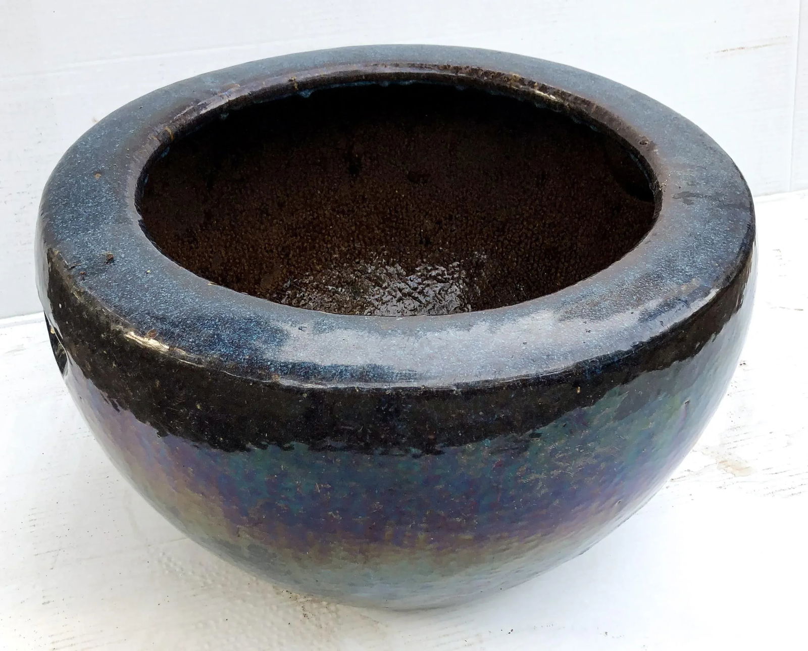 Antique Cobalt Blue Glazed Water Jar Planter - 2