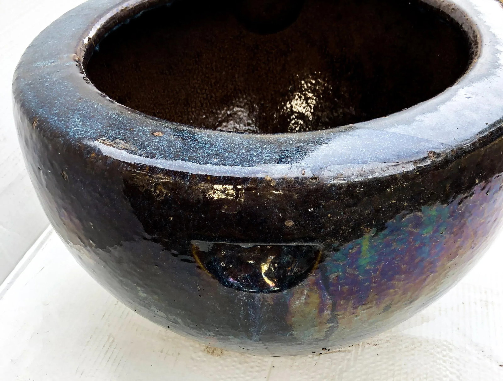 Antique Cobalt Blue Glazed Water Jar Planter - 6