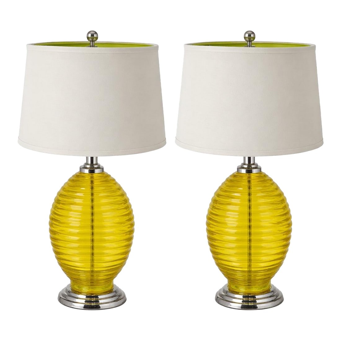 Vintage Citron Ribbed Glass Table Lamps With Chrome Bases & Green-Lined Shades - a Pair: This striking pair of vintage citron ribbed glass table lamps offers sculptural form, vibrant color, and exceptional ambient glow. Each lamp features a rounded "honey jar" silhouette in translucent ri
