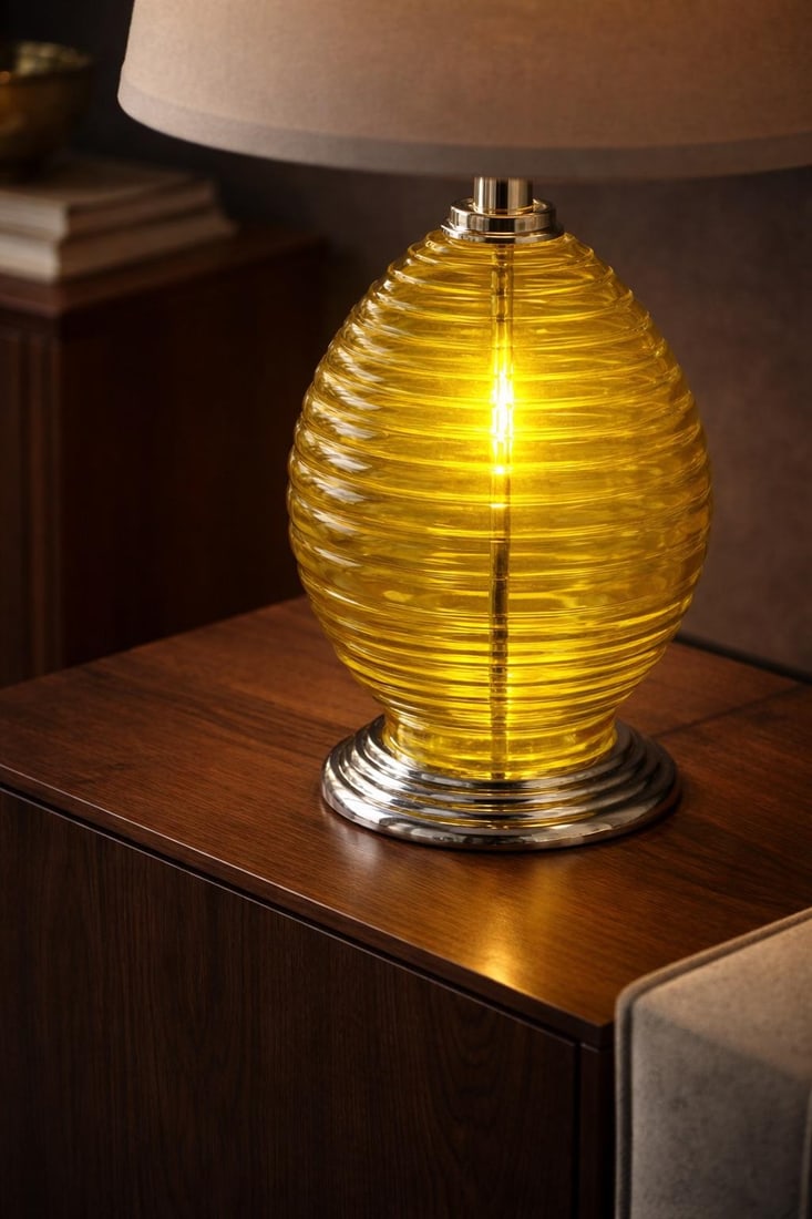 Vintage Citron Ribbed Glass Table Lamps With Chrome Bases & Green-Lined Shades - a Pair - 5