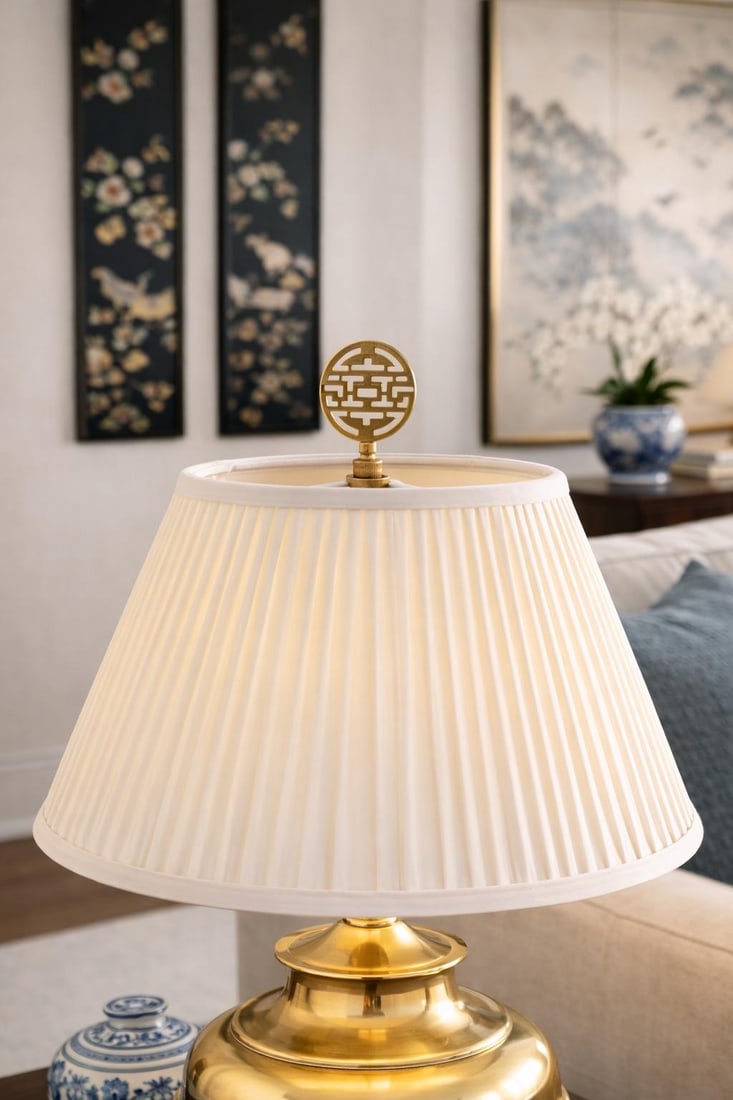 Vintage Brass Ginger Jar Table Lamps With Double Happiness Finials & Original Pleated Shades – - 11