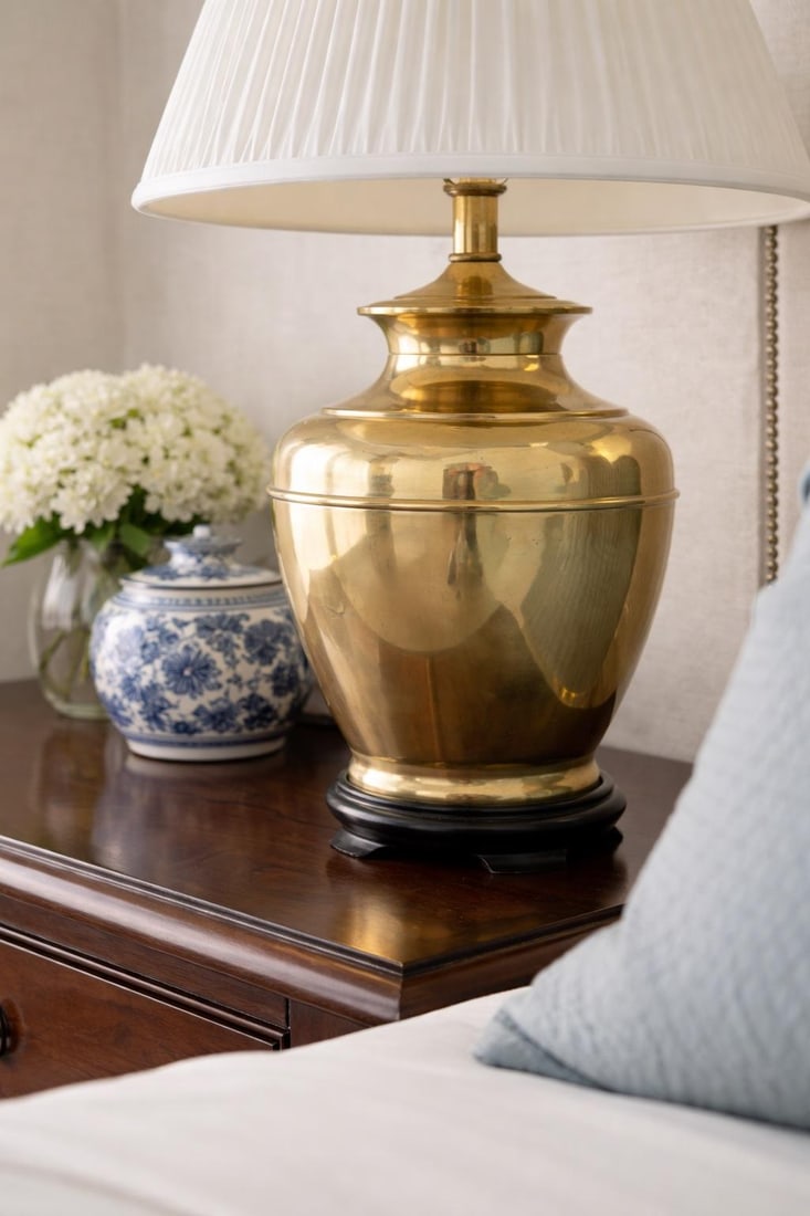 Vintage Brass Ginger Jar Table Lamps With Double Happiness Finials & Original Pleated Shades – - 3