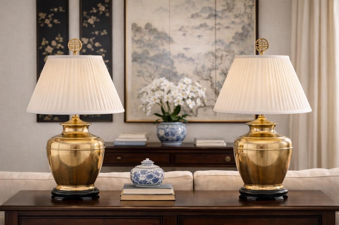 Vintage Brass Ginger Jar Table Lamps With Double Happiness Finials & Original Pleated Shades – - 7