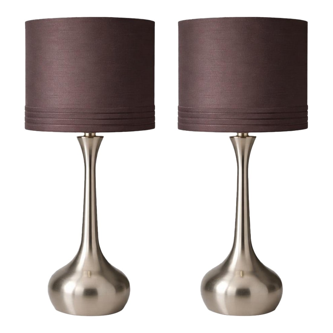 Pair of Contemporary Brushed Nickel Table Lamps With Original Chocolate Brown Drum Shades –: A sleek and versatile pair of contemporary brushed nickel table lamps featuring sculptural tapered stems and original chocolate brown drum shades. Clean lines, balanced proportions, and a neutral meta