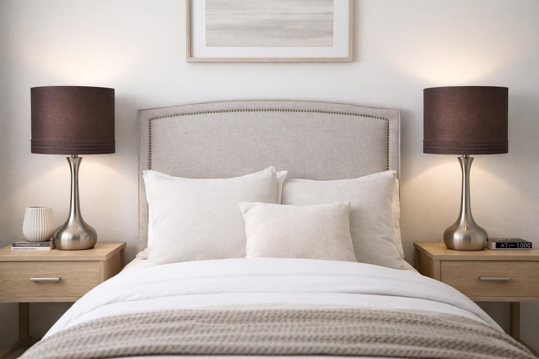 Pair of Contemporary Brushed Nickel Table Lamps With Original Chocolate Brown Drum Shades – - 2