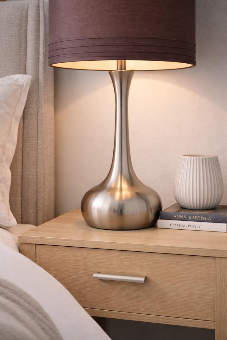 Pair of Contemporary Brushed Nickel Table Lamps With Original Chocolate Brown Drum Shades – - 3